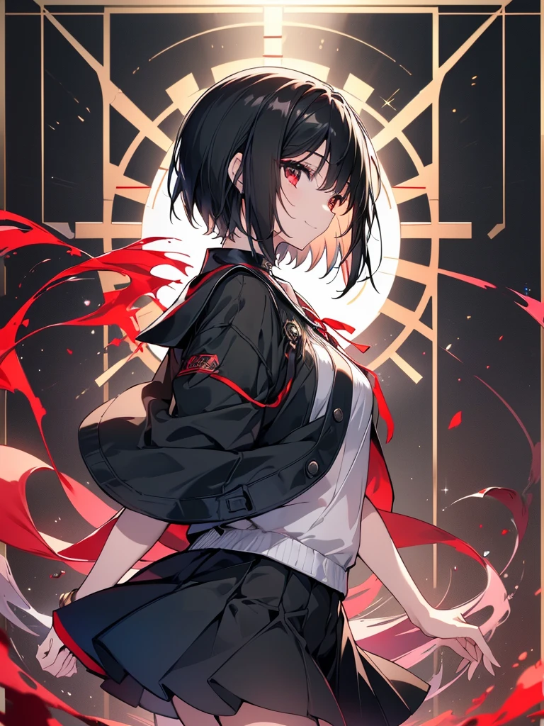 (masterpiece, highest quality, highest quality, (No text), Beautiful and aesthetic:1.2),No text,アニメ、BREAK,One Girl，Black Hair Girl　short hair　older sister　choker　Beautiful eyes　Red eyes　cool　smile　Red and Black　Black jacket　profile　mini skirt　whole body　In town