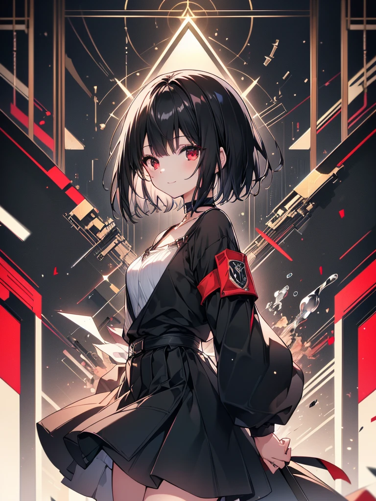 (masterpiece, highest quality, highest quality, (No text), Beautiful and aesthetic:1.2),No text,アニメ、BREAK,One Girl,Black Hair Girl short hair older sister choker Beautiful eyes Red eyes cool smile Red and Black Black jacket profile mini skirt whole body In town