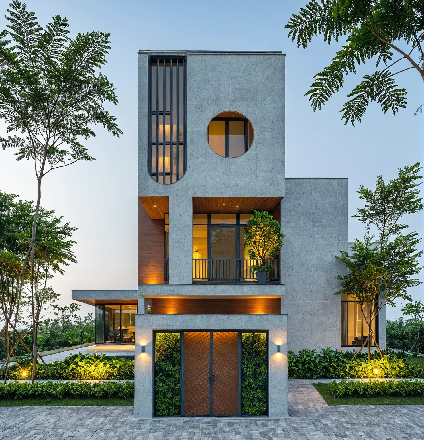 modern villa on street, (daylight), tropical tree, green shrub and plants, vivid color, streetcapes, minimalist design, brigth grey tone, (large glass door:1.2), warm interior lighting, modern material, best quality, ultra realistic, masterpiece, 
