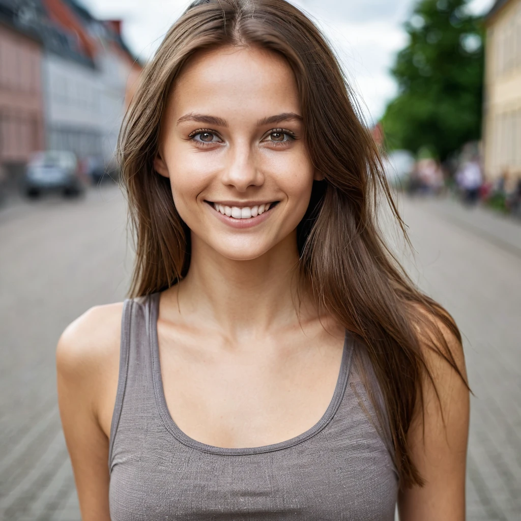 Beautiful woman from sweden, realistic eyes, realistic face, slim face, long brown hair, 25 years old, model, smiling, special camera angle, belly tanktop