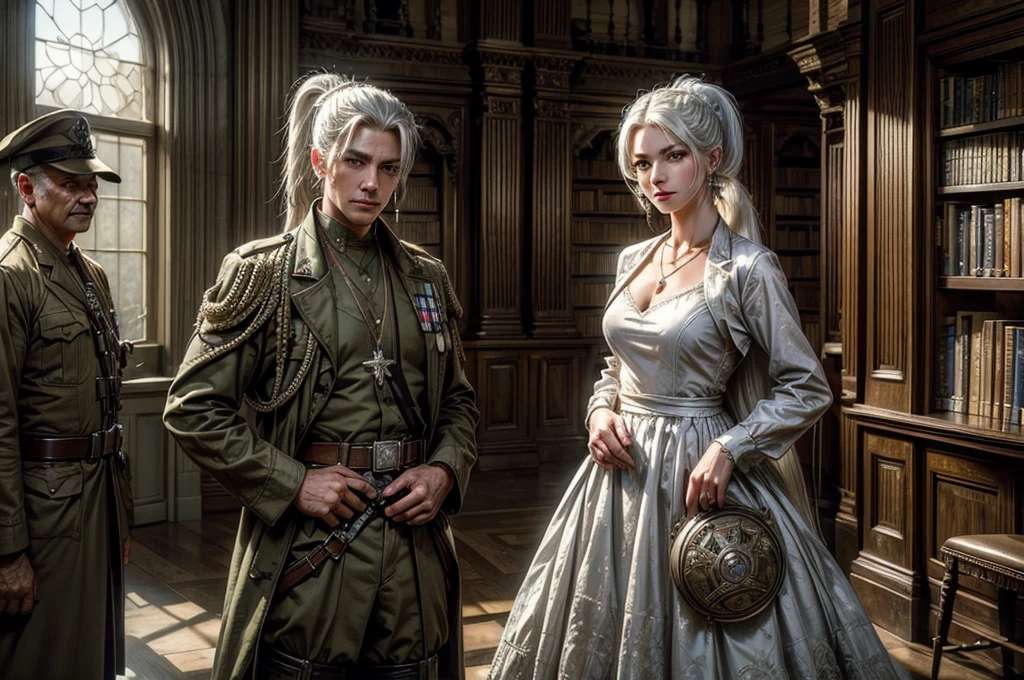 (masterpiece, best quality:1.2), cowboy shot, weissvale, smile, closed mouth, looking at viewer, long white hair, side ponytail, scar above eye, scar below eye, army dress, jewelry, necklace, earrings, standing with army in ornate library, army searching with rifles, (army in military uniform)