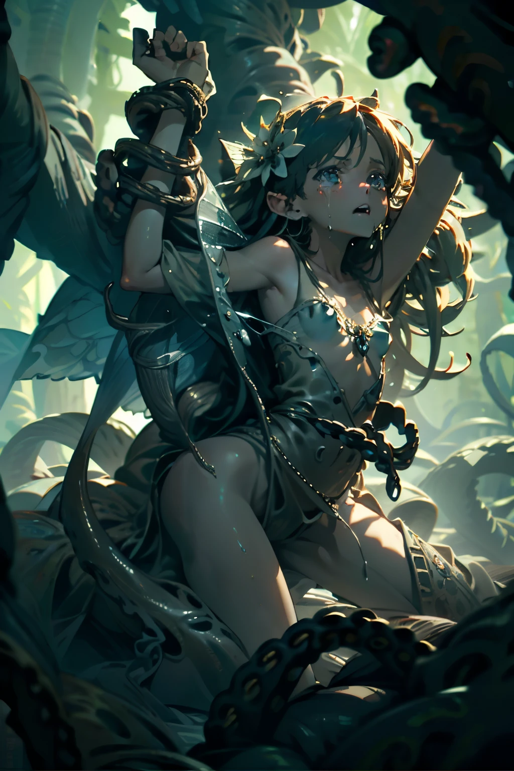 ((best quality)), ((masterpiece)), (detailed), 1 fairy girl, off-shoulder sweater, a fairy, fairy girl, winged pixie girl, girl fairy, various different types of insect wings, small breasts, NSFW,Covered with tentacles, encoiled by tentacles, Tentacles around the body, many tentacles, captured by tentacles, bound by tentacles, trapped by tentacles, Fine details,Tentacled,Tied with tentacles, roaming tentacles, drooling,Crying,horrified expression, panic, fight for survival, Detailed body,Full limbs,NSFW, being pulled into a flower, wild environment, jungle, terrifying floral environment, horrific nature, predatory flora, fairy catcher, fairy trapper, fairy catcher plant, fairy trapper-plant, fairy catcher flower, fairy trapper-flower inspired by carnivorous plants; a plant occupying the equivelant evolutionary niche as a spider would
