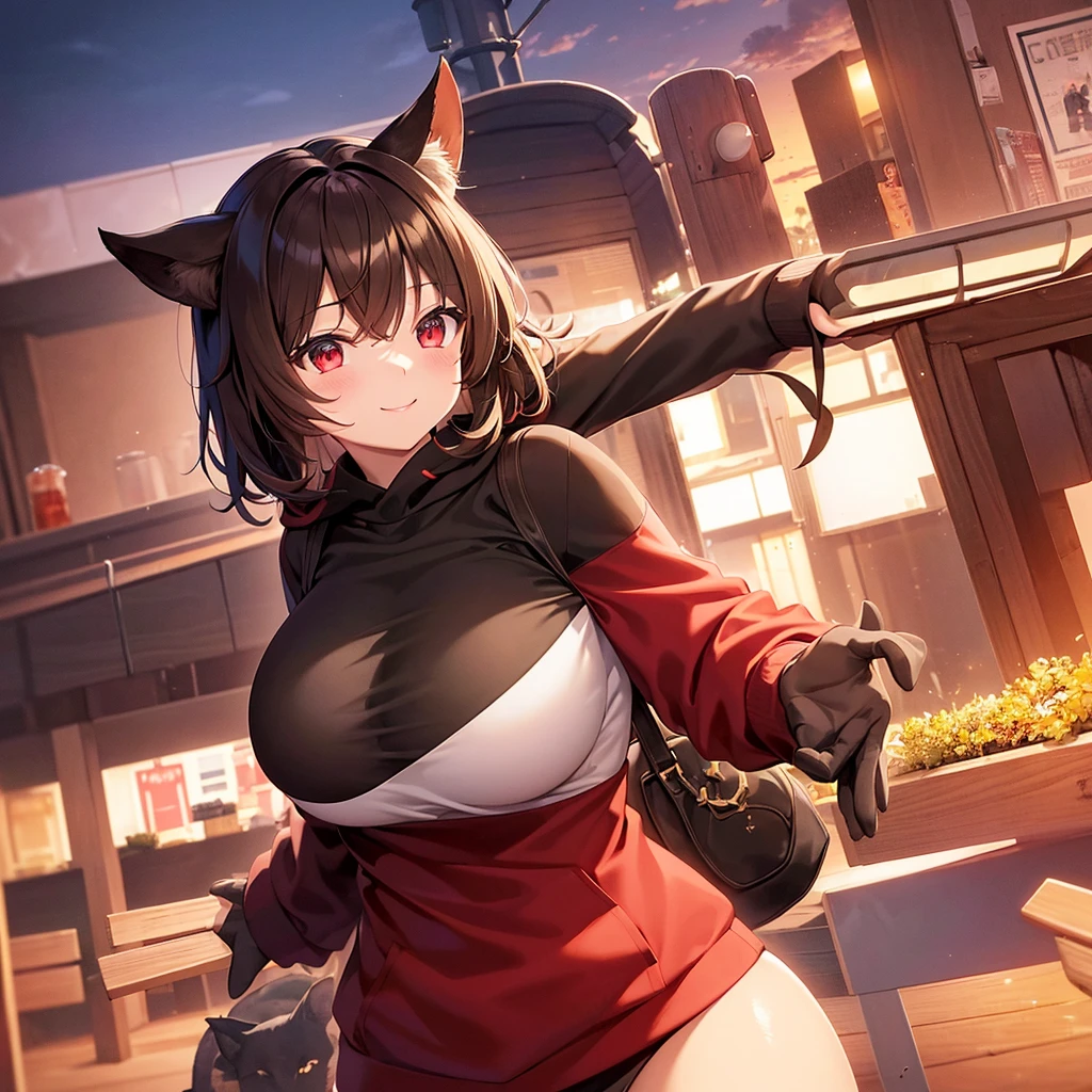 １People Girls、Big Breasts、Light brown short hair with outward curlischievous Smile、Red Eyes、Animal Ears、black and red hoodie、Black Skirt、Free Pose、Under the sunset sky