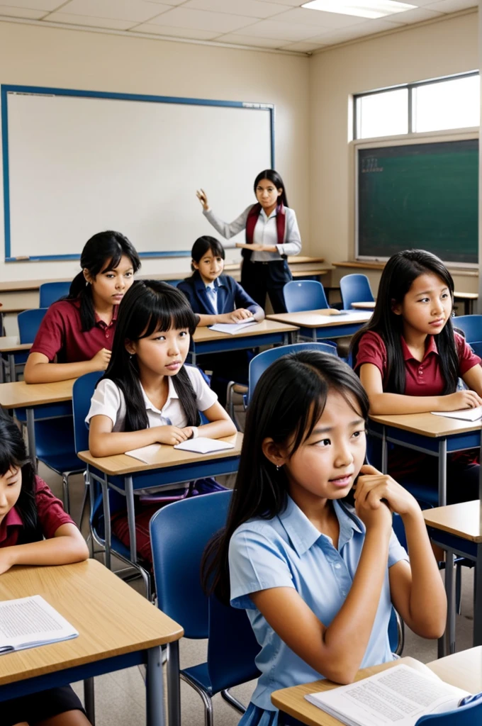 A classroom with students sitting at their desks.The teacher entering the class.A student (girl) crying loudly, grabbing everyone's attention.