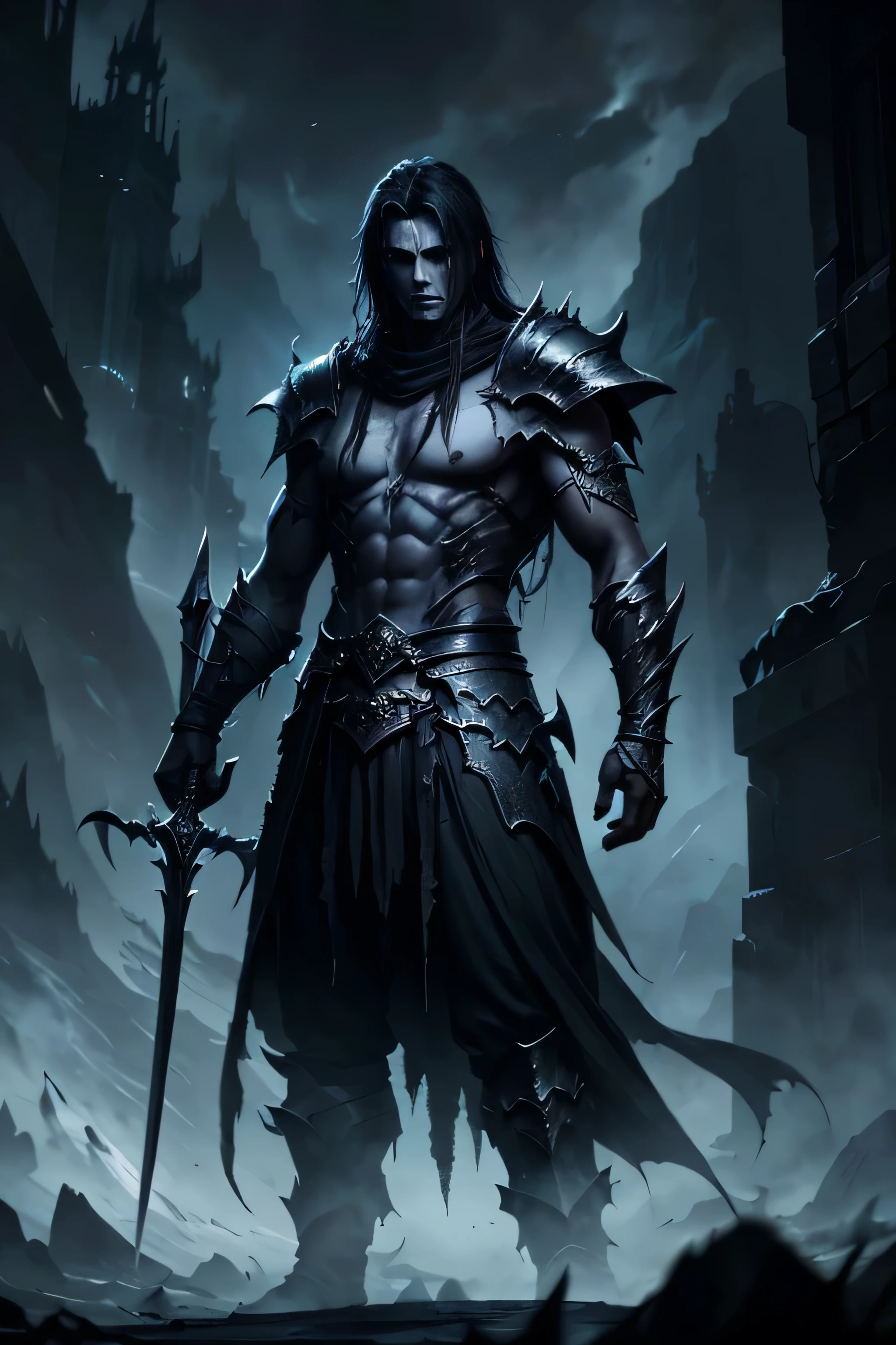 Human, Dark fantasy, long sword and claw, white skin, dark clothes, hellish look, hell, darkness, evil, tall, lean male, male, ashen skin, fantasy art, epic fantasy digital art style, oil painting, ethereal evil, fantasy, ash