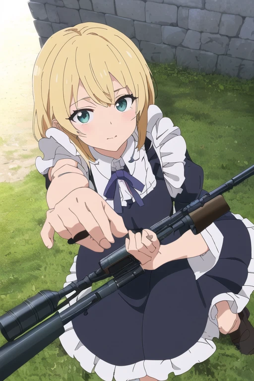 ((Highest quality:1.6)), ((detailed:1.4)), (Ultra-high resolution:1.6)(detailed:1.6), (Perfect Face:1.4), (detailedなイラスト:1.6), (Ultra-high resolution:1.6), girl, A very concentrated face, cute, Blonde, Small breasts, Black and white maid outfit, Blue ribbon, White apron, Gothic maid outfit, Long, Above the Battlements, On the wall, Defend the castle, European Castles, Castle, (Sniperrifleで狙撃:1.6), Sniper, Sniper, Sniperrifleを構えてる, rifle, gun, アサルトrifle,