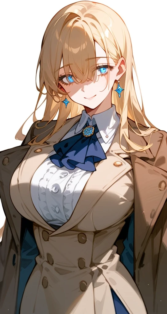 A beautiful woman with long blonde hair, kawaii facial features, partially covered eyes with long bangs, large breasts, blue slanted eyes, (Using a closed brown coat, Elegant coat model covered with buttons attached coat style model (Double breasted trench) soft smile against a white background, her right eye visible and eye color yellow, Elegant wearing a black t-shirt wearing a long, tight black skirt,