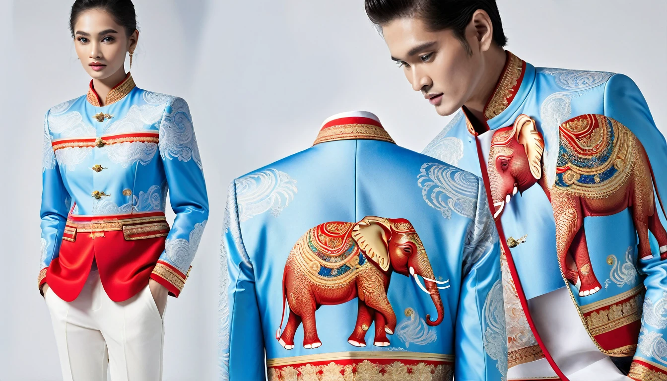 ((best quality)), ((Masterpiece)), (details), Take the whole body,Thai model with a beautiful face, Elegant formal sports fashion, Modern design, fashion style, Highlighting the intricate Thai elephant pattern on the jacket.,gold color,blue, red, Reflecting cultural vitality, The white background looks like it was taken in a studio.
