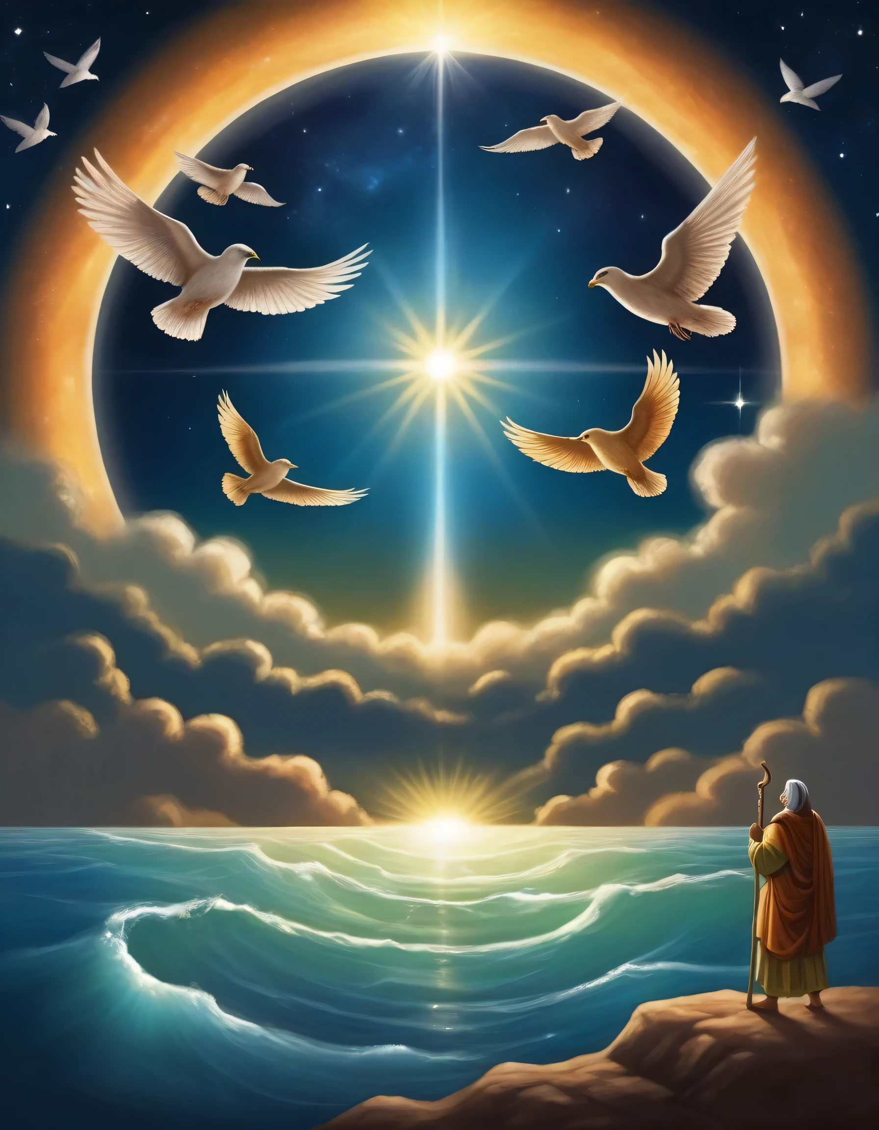 1. The Creation of the World (Genesis 1-2)
In the beginning, God created the heavens and the earth. The earth was formless and empty, and there was darkness on the face of the deep. Then, a point of light appeared in the middle of the darkness, gradually growing until it illuminates the entire cosmos.
God said: "Let There Be Light!" and there was light. The light separated from the darkness, and God saw that the light was good. God called the light day and darkness night. that was the first day.
In the second day, God created the firmament, separating the waters that were under the firmament from the waters that were above it. God called the firmament heaven.
On the third day, God said: "Let the waters under the heavens be gathered together in one place, and the dry part appears." Thus, the dry part appeared, and God called it earth, and the gathering together of the waters he called seas. Then, God commanded the earth to produce vegetation: plants that bear seeds and trees that bear fruit. E God saw that it was good.
On the fourth day, God created the lights in the firmament of the heavens to separate the day from the night. He made two great luminaries: the greater to rule the day and the lesser to rule the night. And he also made the stars. God saw that it was good.
On the fifth day, God said: "The waters produce swarms of living beings, and let the birds fly over the earth." Thus, God created the great sea animals and all living beings that move in the waters, according to their species, and all the birds, according to their species. E God saw that it was good. God BLESSED them, saying: "Be fertile and multiply and fill the waters of the seas, and let the birds multiply in the land."
On the sixth day, God said: "Produza a terra seres viventes according to their species: domestic animals, crawling animals and wild animals, according to their species." And so it was. Deus fez os animais selvagens according to their species, os domestic animals according to t