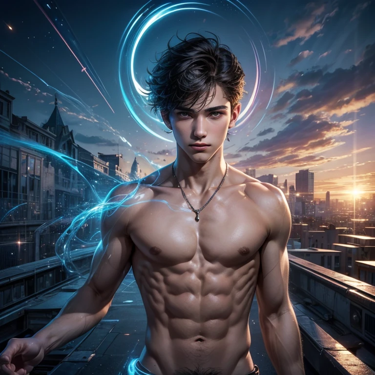 ((ultra realisitic)), ((picture-perfect)), ((face perfect)), ((ultra detaild)), ((fully body)), ((perfectbody)), 1 boy in , pretty young man, streams of magical energy floating around him, magician, on an empty school roof, adolescent((masculilno))