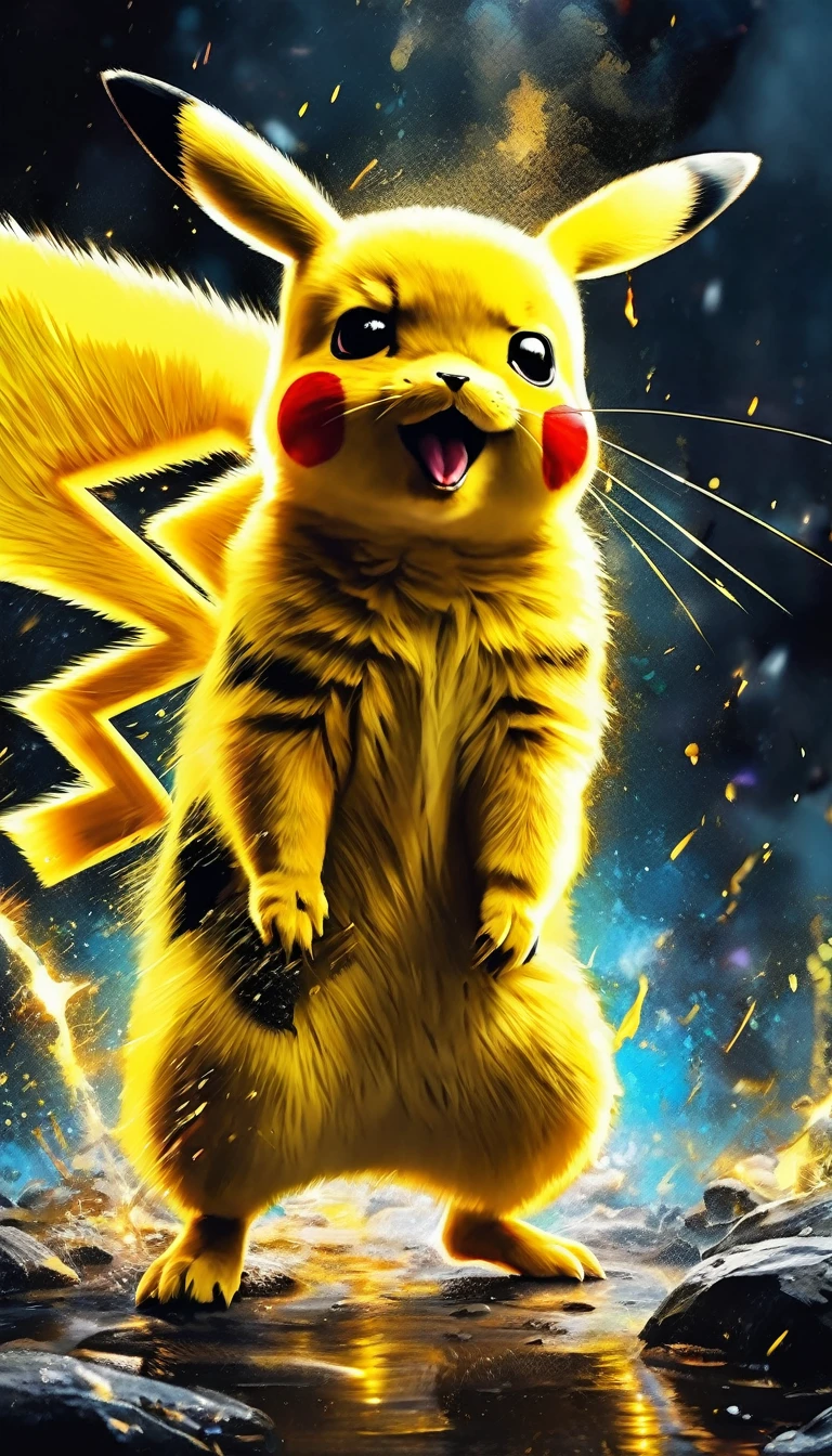 striking pikachu painting, highy detailed, 8k, Spitz, proffesional, clearing, hight contrast, high saturation, , deep, vivid blacks, crystal clearing, movie poster