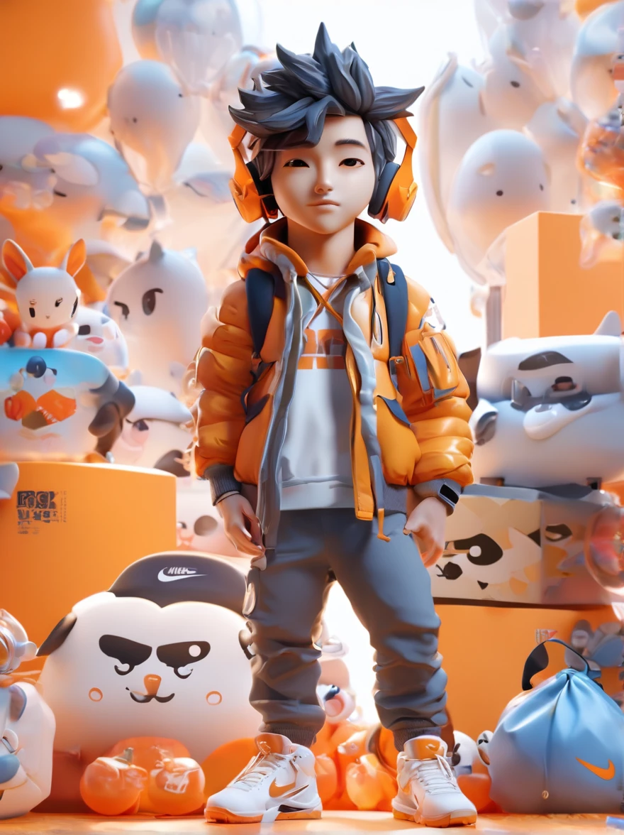 A handsome boy, MD clothing, trendy
clothing, fluffy hair, exquisite facial features,Nike shoes, headphones, silver necklace,inflatable backpack, Orange series, cleanbackground, front view, movie lighting, lightand shade contrast, ip pop mart blind box,3d, c4d, oc rendering, chibi, behance, ultrahigh definition, best quality, 8k --ar 3:4
--niji 5 --style expressive