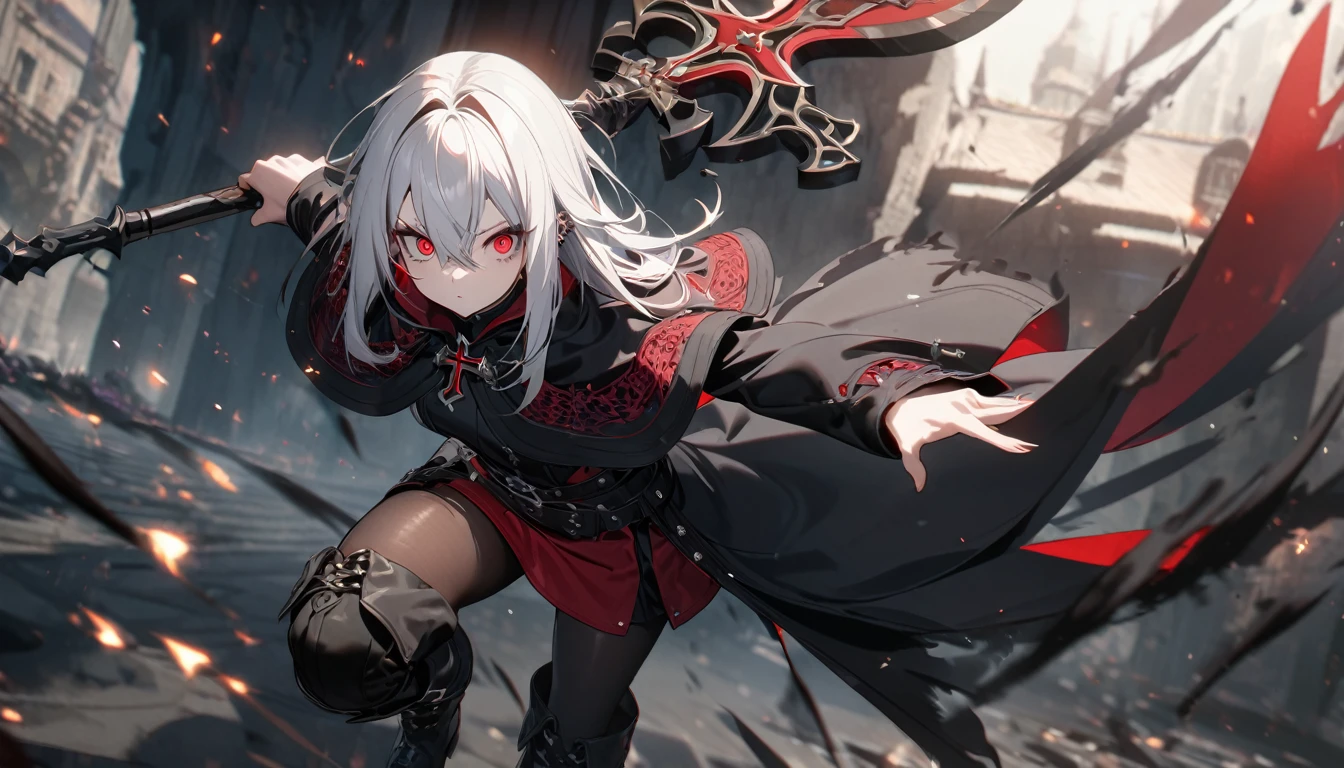 One girl, Alone, Long white hair, Red eyes, ((holding a battleaxe)), Black footwear, Boots, Pantyhose, Cross, knee boots, Show viewer, Belt, Capelet, Hair between the eyes, Long sleeves, black Capelet, black Pantyhose,sensual,piercing-eyed,dominant,8K,high quality, Texture Skins, Intricate Details,Slash,attack,