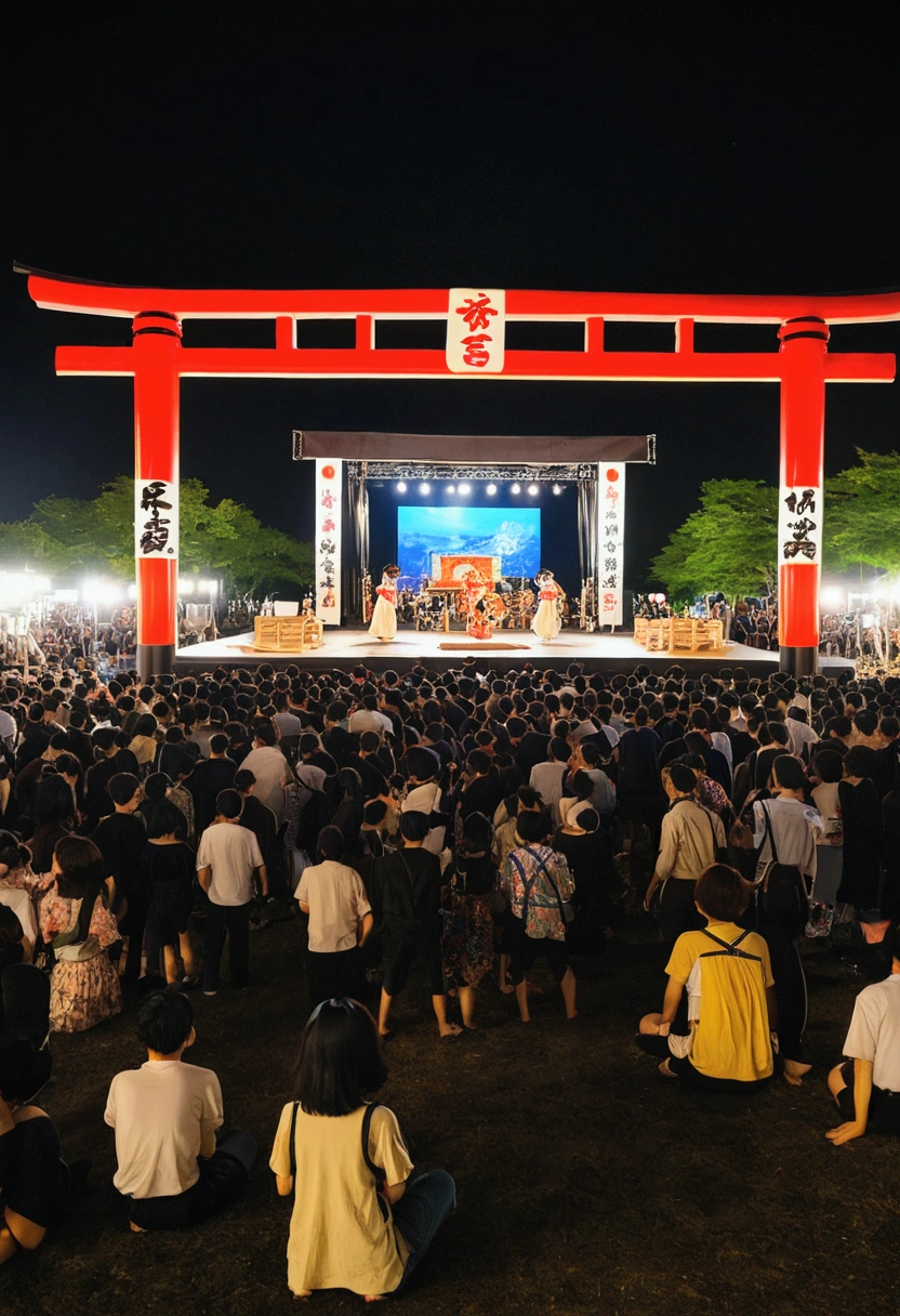 Japan、Festivals、Bon Odori simple stage, 2 stories、Open Stage、wooden、night、Big drum、kitsch、high tech、The plaza surrounding the stage、distinct、Cinematic、Anime influences、ultra modern、Sharp Focus、landscape、unmanned
