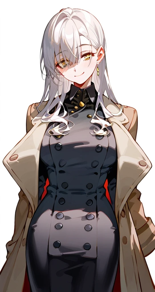 A beautiful woman with long white hair, kawaii facial features, partially covered eyes with long bangs, large breasts, yellw slanted eyes, (Using a closed brown coat, Elegant coat model covered with buttons attached coat style model (Double breasted trench) soft smile against a white background, her right eye visible and eye color yellow, Elegant wearing a black t-shirt wearing a long, tight black skirt, 