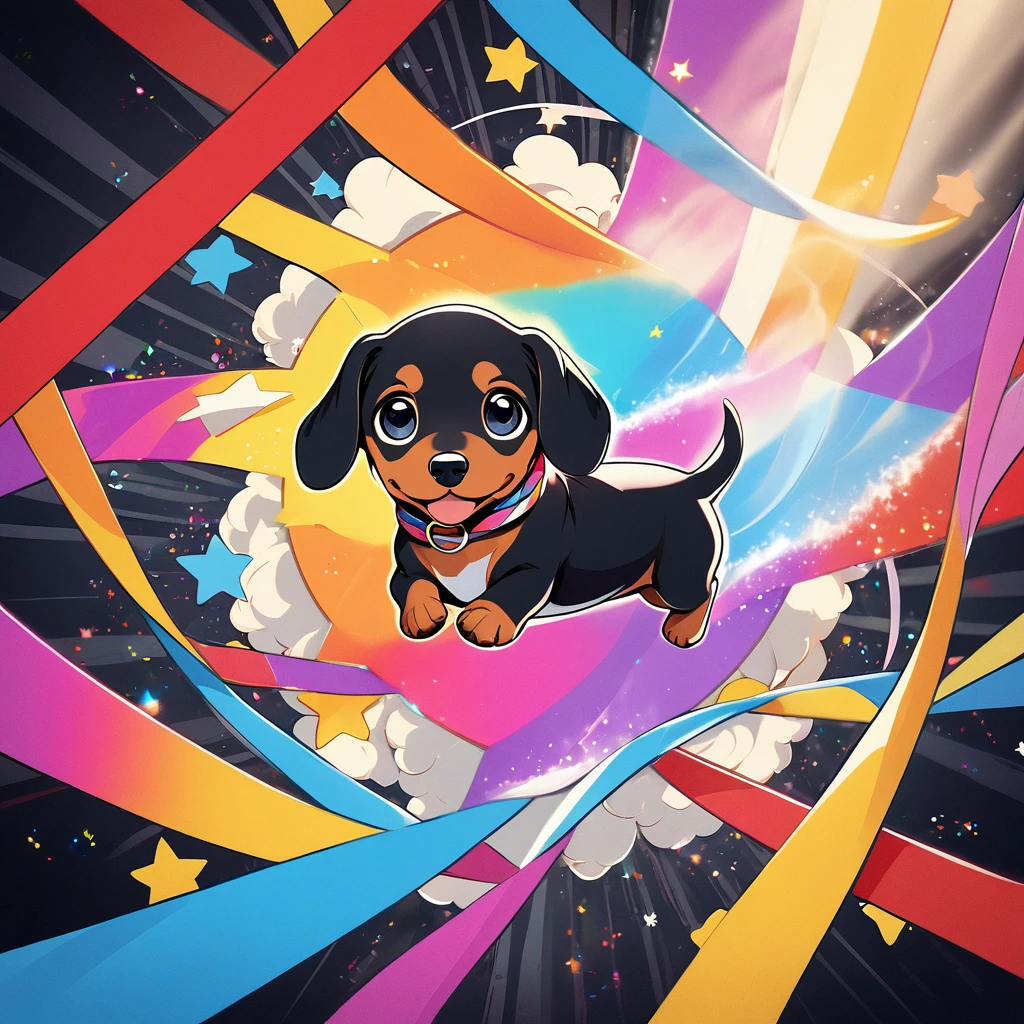 Ultra-small deformation,pop art, (from above), A Dachshund puppy is curling up in the air, surrounded colorful ribbons and particles shaped star, falling through the air slowly, very happily toward the viewer, smoke screen, Cinema Lighting