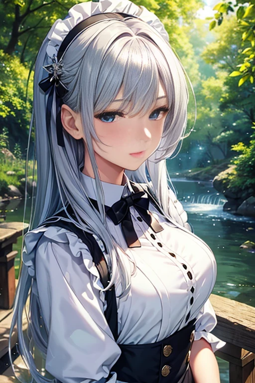 masterpiece, best quality, 8k, ultra-detailed, official artwork, maid outfit, young beautiful woman, solo, mature face, flawless facial features, glowing skin, shiny eyes, grey eyes, long silver hair, light blue hair accessory, extremely detailed eyes, hyperrealistic eyes, daytime, forest background, green foliage, river, wooden bridge, aesthetic, upper body, detailed background, bokeh, depth of field, layer cut