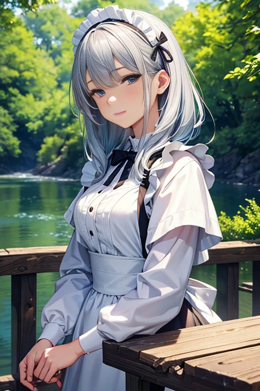 masterpiece, best quality, 8k, ultra-detailed, official artwork, maid outfit, young beautiful woman, solo, face, flawless facial features, glowing skin, shiny eyes, grey eyes, long silver hair, light blue hair accessory, extremely detailed eyes, hyperrealistic eyes, daytime, forest background, green foliage, river, wooden bridge, aesthetic, upper body, detailed background, bokeh, depth of field, layer cut