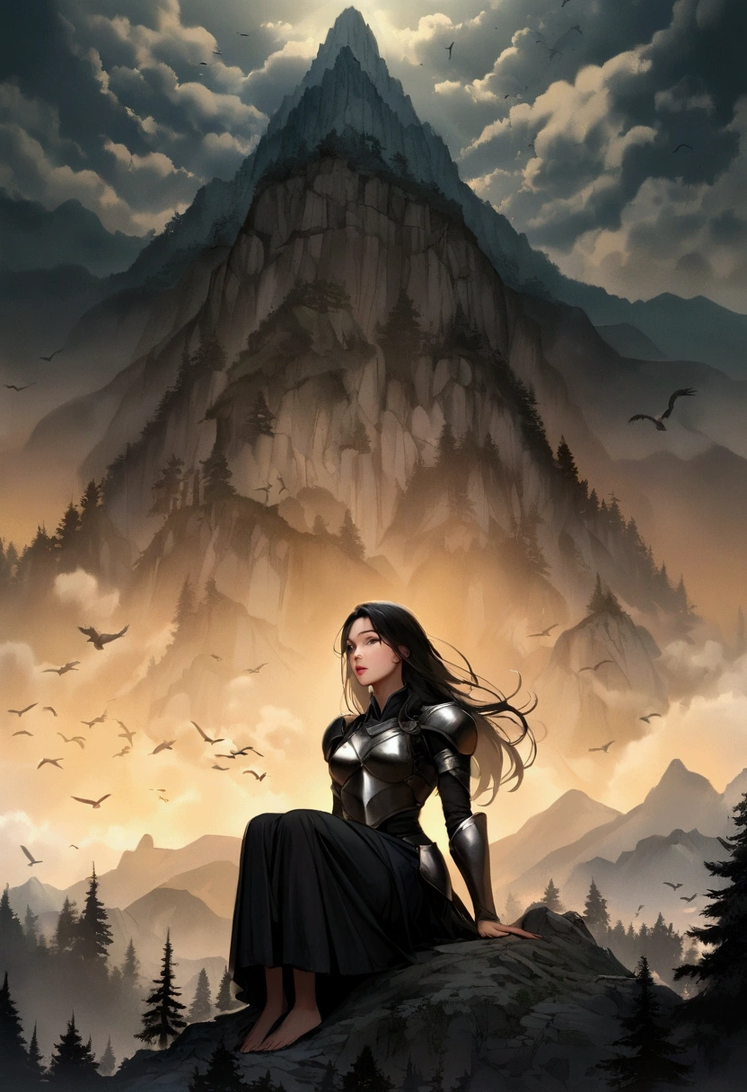 Create a realistic anime style woman character, she is strong and beautiful, long black hair, wears short armor and is damaged by battles. A woman is praying on her knees in the twilight next to a tree on a mountain. In the background she creates mountains, forests, heavy clouds leaving an opening for sunlight, add some birds to compose the sky.