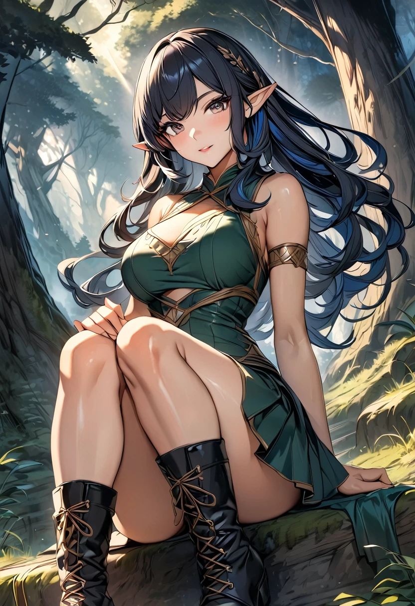 high quality, 4k, 8k, highres, HDR, UHD, masterpiece, ultra-detailed, a beautiful elf woman in a dark fantasy forest, sitting pose, legs toghether, creative angle, mature woman. short skirt, natural clothing, eld boots, extremely detailed face, medium long flowing hair, natural looking hair, rendered hair, dark blue hair, curious expression, sitting under a large tree, anime style, highly detailed, 8k, fantasy art, magical atmosphere, mossy ground, dark setting, demonic forest, dark eyes, rendered eyes, special eyes, pointed ears, detailed dress, intricate details, fantasy landscape, simple background