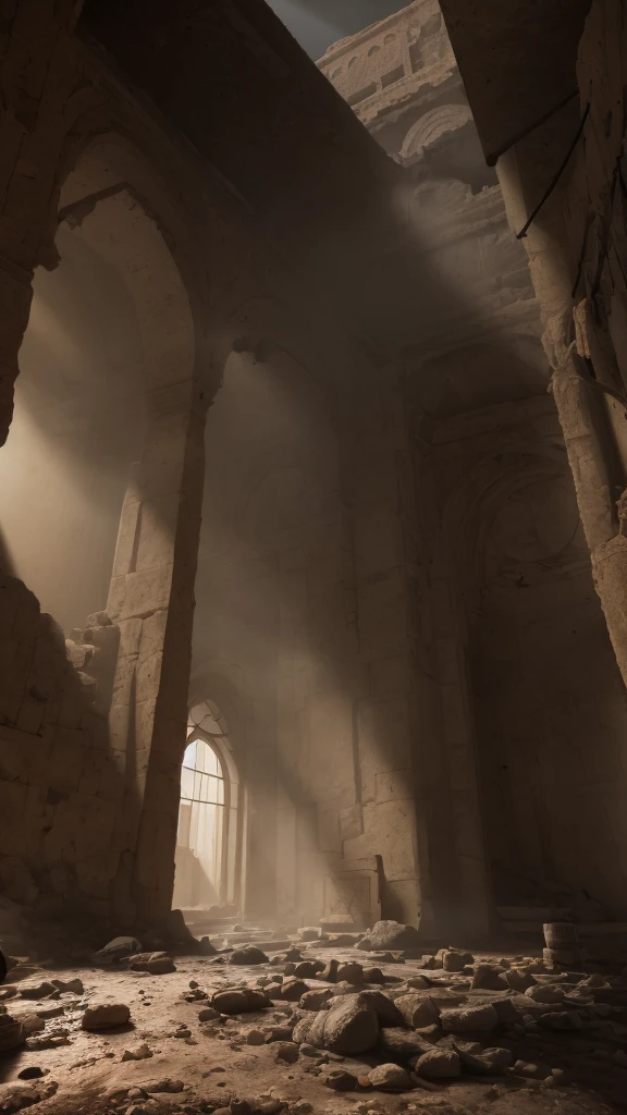 3d render of ancient middle east building, half buried in the ground, dramatic color grade, (half buried),broken, old, accurate color grading, rvb, Sony A7 III, Sigma Art 85 mm f/1,4 DG HSM, perfect, subsurface scattering, unreal engine, dusty sun light, dystopian world