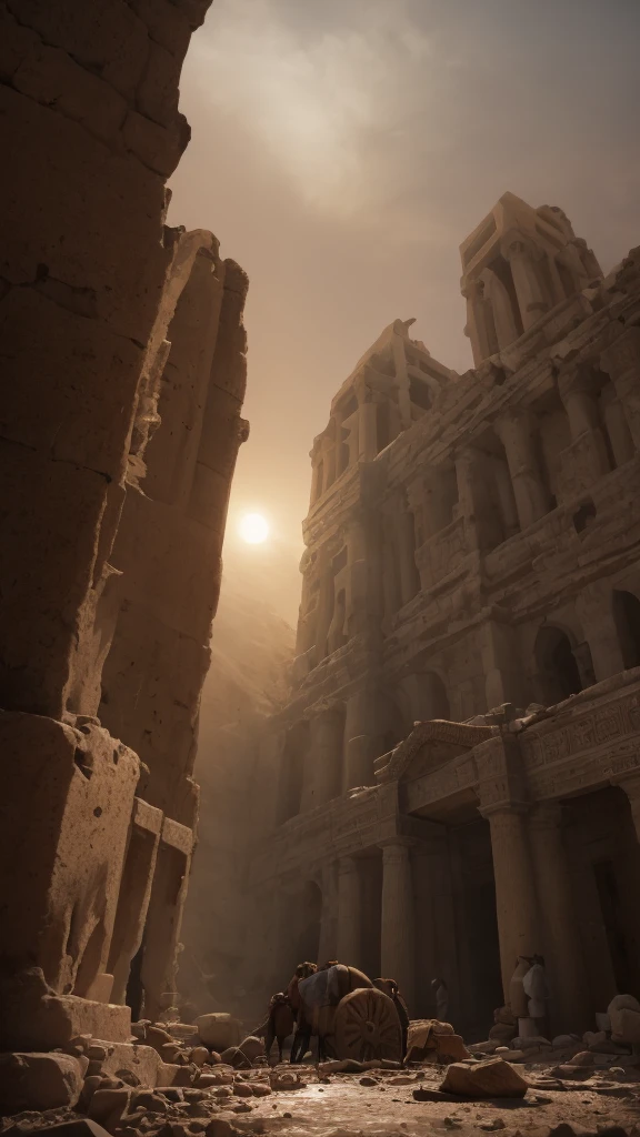 3d render of ancient middle east building, half buried in the ground, dramatic color grade, (half buried),broken, old, accurate color grading, rvb, Sony A7 III, Sigma Art 85 mm f/1,4 DG HSM, perfect, subsurface scattering, unreal engine, dusty sun light, dystopian world