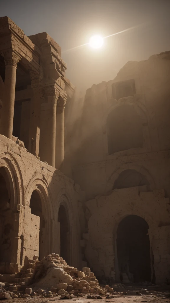 3d render of ancient middle east building, half buried in the ground, dramatic color grade, (half buried),broken, old, accurate color grading, rvb, Sony A7 III, Sigma Art 85 mm f/1,4 DG HSM, perfect, subsurface scattering, unreal engine, dusty sun light, dystopian world