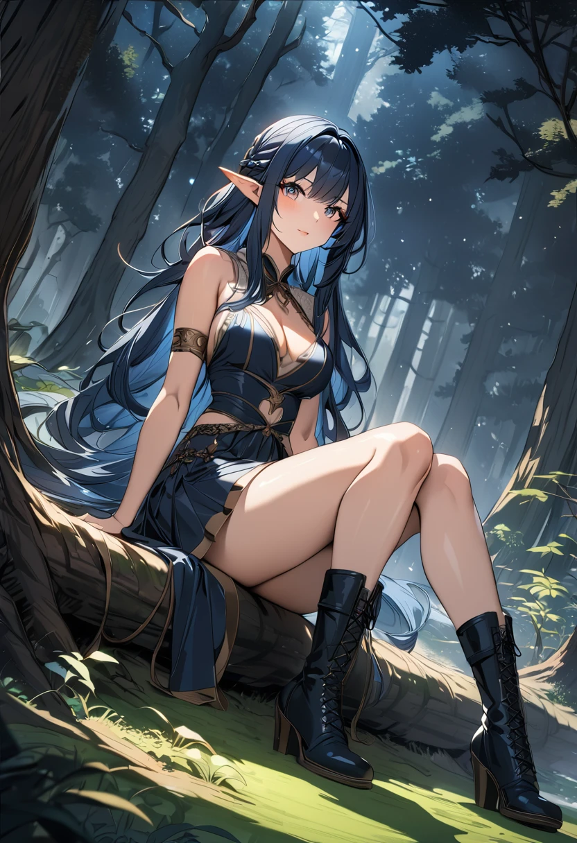high quality, 4k, 8k, highres, HDR, UHD, masterpiece, ultra-detailed, a beautiful elf woman in a dark fantasy forest, sitting pose, legs toghether, creative angle, mature woman. short skirt, natural clothing, eld boots, extremely detailed face, medium long flowing hair, natural looking hair, rendered hair, dark blue hair, curious expression, sitting under a large tree, anime style, highly detailed, 8k, fantasy art, magical atmosphere, mossy ground, dark setting, demonic forest, dark eyes, rendered eyes, special eyes, pointed ears, detailed dress, intricate details, fantasy landscape, simple background