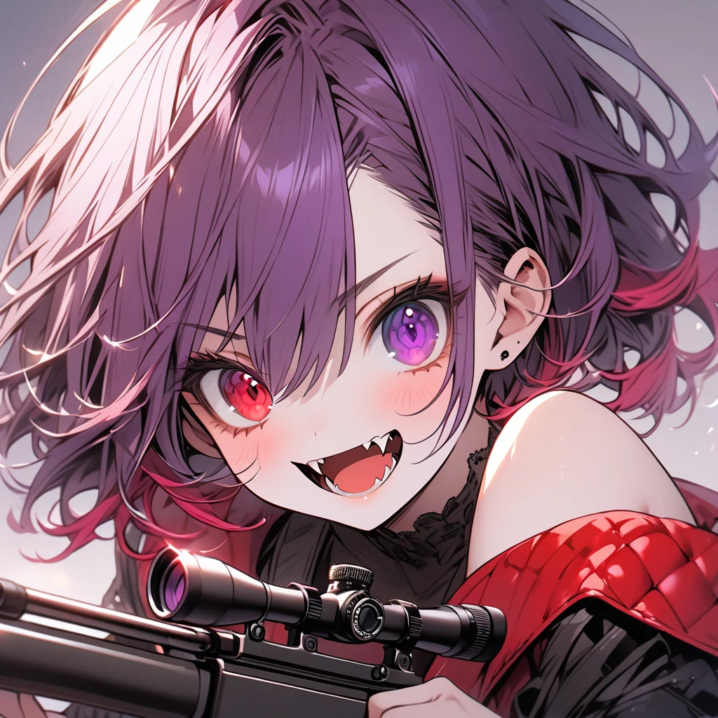 high resolution ,cute ,One Woman , Purple Hair, Two-tone red ,short hair , Fangs Beautiful Eyes ,Red and purple heterochromia ,♰Eyes and shoulders are protruding ,Jacket ,Possessing a sniper rifle