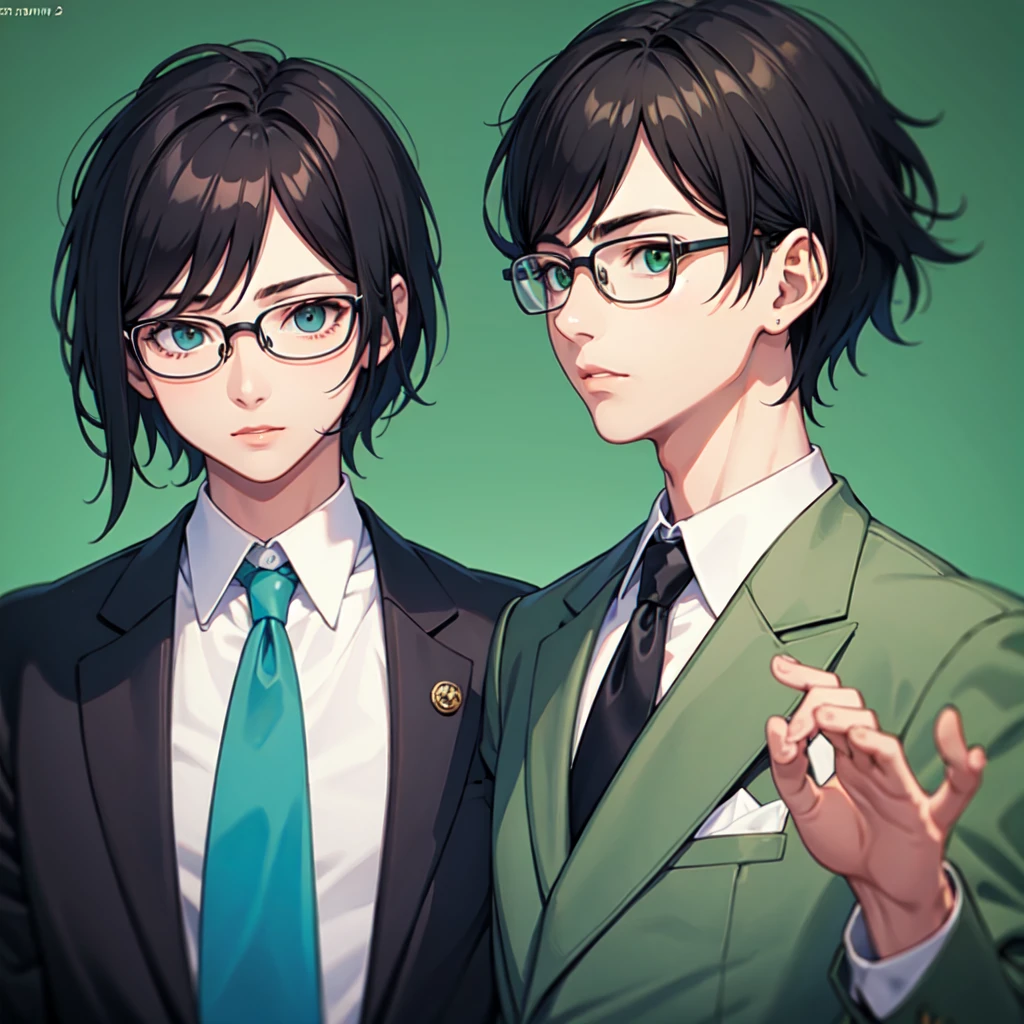 Green Suit　Blue tie　Glasses　23 years old　male　lawyer　Black Hair