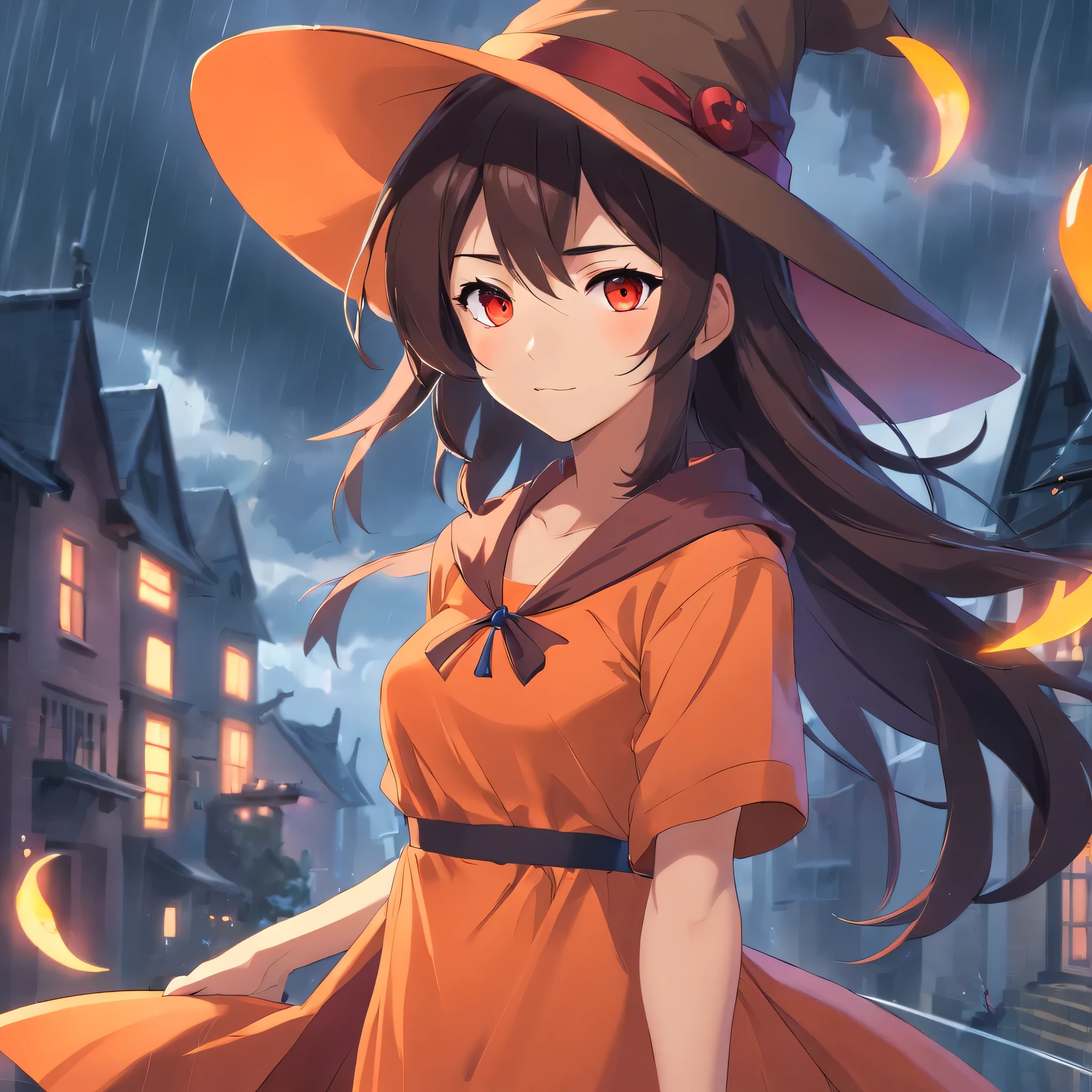 1️⃣ ismel, the witch from league of legends with red eyes and dark hair wearing a brown hat and orange dress. realistic character portrait in the style of anime. the background is raining in a gray color