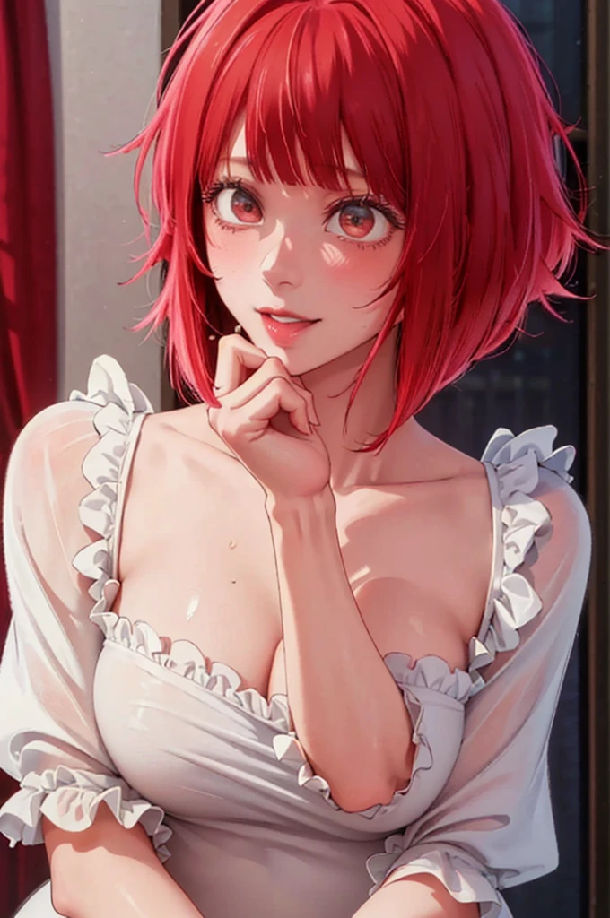 best quality, masterpiece, highly detailed,1girl, Arima Kana, , (masterpiece:1.5), Detailed Photo, Smiling, Sexy, (8K, Best Quality: 1.4), (1girl), Beautiful Face, (anime realistic Face), (Red Hair, short Hair: 1.3), Beautiful Hairstyle, Realistic eyes, beautiful detail eyes, (white skin), beautiful skin, absurd, attractive, ultra high resolution, ultra realistic, high definition, golden ratio, (sexually aroused:1.5), Pinkish white skin, cool white light, sexy pose, Beautiful , white background, pink soft white light, Wear a black bodycon dress