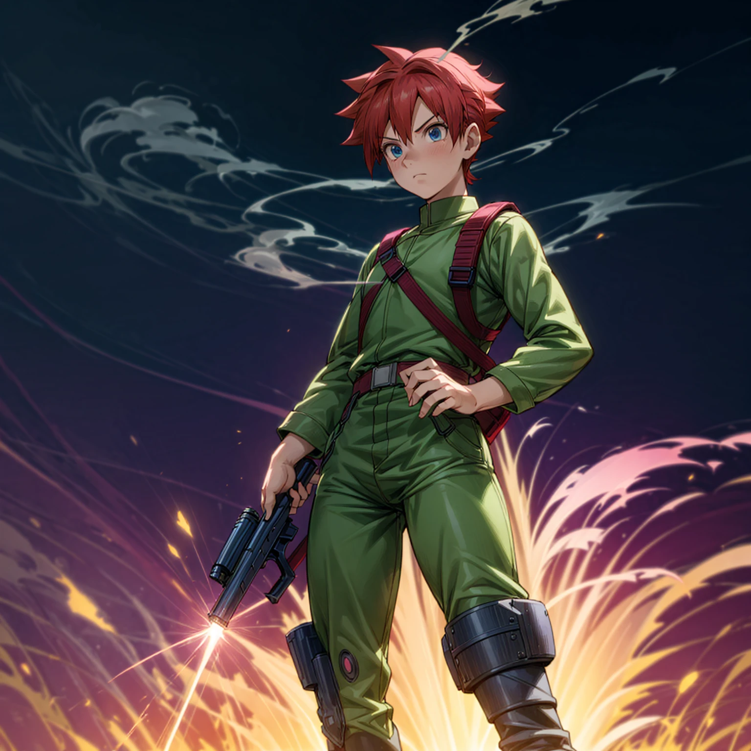 1boy, muscle, Full body version, 1character, blue eyes, short haircut, magenta color hair, Farmer style outfit, Boots, Grassroots, full background in field, motion blur, lighting, (Hunter x Hunter style art), big shotgun in hand, big weapon in hand, robot Shield in hand, smoke effect, fire effect, lighting on gun, plasma effect,