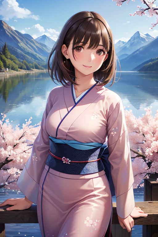 anegasaki nene、Shiny brown hair, short hair, (Beautiful brown eyes、Sparkling eyes, Fine grain)、smile、超detailedな目、非常にdetailedな顔, 非常にdetailedな目,Cowboy Shot、



(masterpiece:1.2, Highest quality),(Realistic, photoRealistic:1.4),1 female,
masterpiece, Highest quality, detailed, (1 girl), alone,, Persistence, Stay close to the audience, (detailed kimono), Smile, Sexy appearance, 
,  (Place your arms behind your back), water, sunset, (hair accessory), (Cherry blossoms are blooming),  Snowy mountains and lake in the background