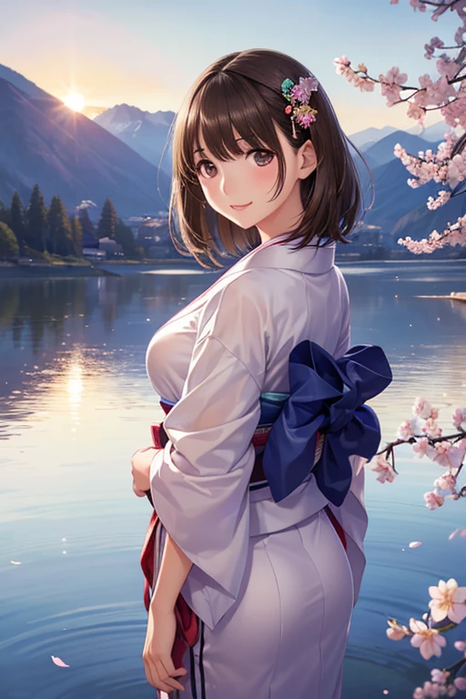 anegasaki nene、Shiny brown hair, short hair, (Beautiful brown eyes、Sparkling eyes, Fine grain)、smile、超detailedな目、非常にdetailedな顔, 非常にdetailedな目,Cowboy Shot、



(masterpiece:1.2, Highest quality),(Realistic, photoRealistic:1.4),1 female,
masterpiece, Highest quality, detailed, (1 girl), alone,, Persistence, Stay close to the audience, (detailed kimono), Smile, Sexy appearance, 
,  (Place your arms behind your back), water, sunset, (hair accessory), (Cherry blossoms are blooming),  Snowy mountains and lake in the background