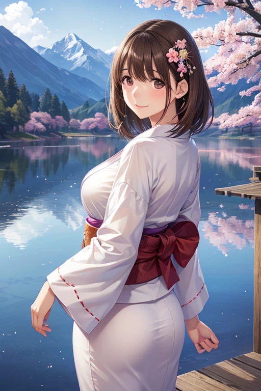 anegasaki nene、Shiny brown hair, short hair, (Beautiful brown eyes、Sparkling eyes, Fine grain)、smile、超detailedな目、非常にdetailedな顔, 非常にdetailedな目,Cowboy Shot、



(masterpiece:1.2, Highest quality),(Realistic, photoRealistic:1.4),1 female,
masterpiece, Highest quality, detailed, (1 girl), alone,, Persistence, Stay close to the audience, (detailed kimono), Smile, Sexy appearance, 
,  (Place your arms behind your back), water, sunset, (hair accessory), (Cherry blossoms are blooming),  Snowy mountains and lake in the background