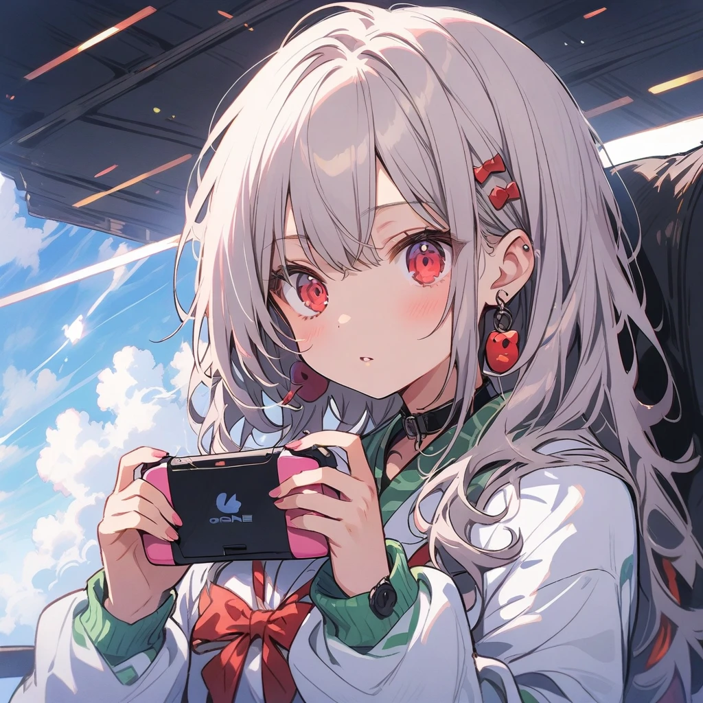 a girl with grey hair and red eyes,playing video games onlyone