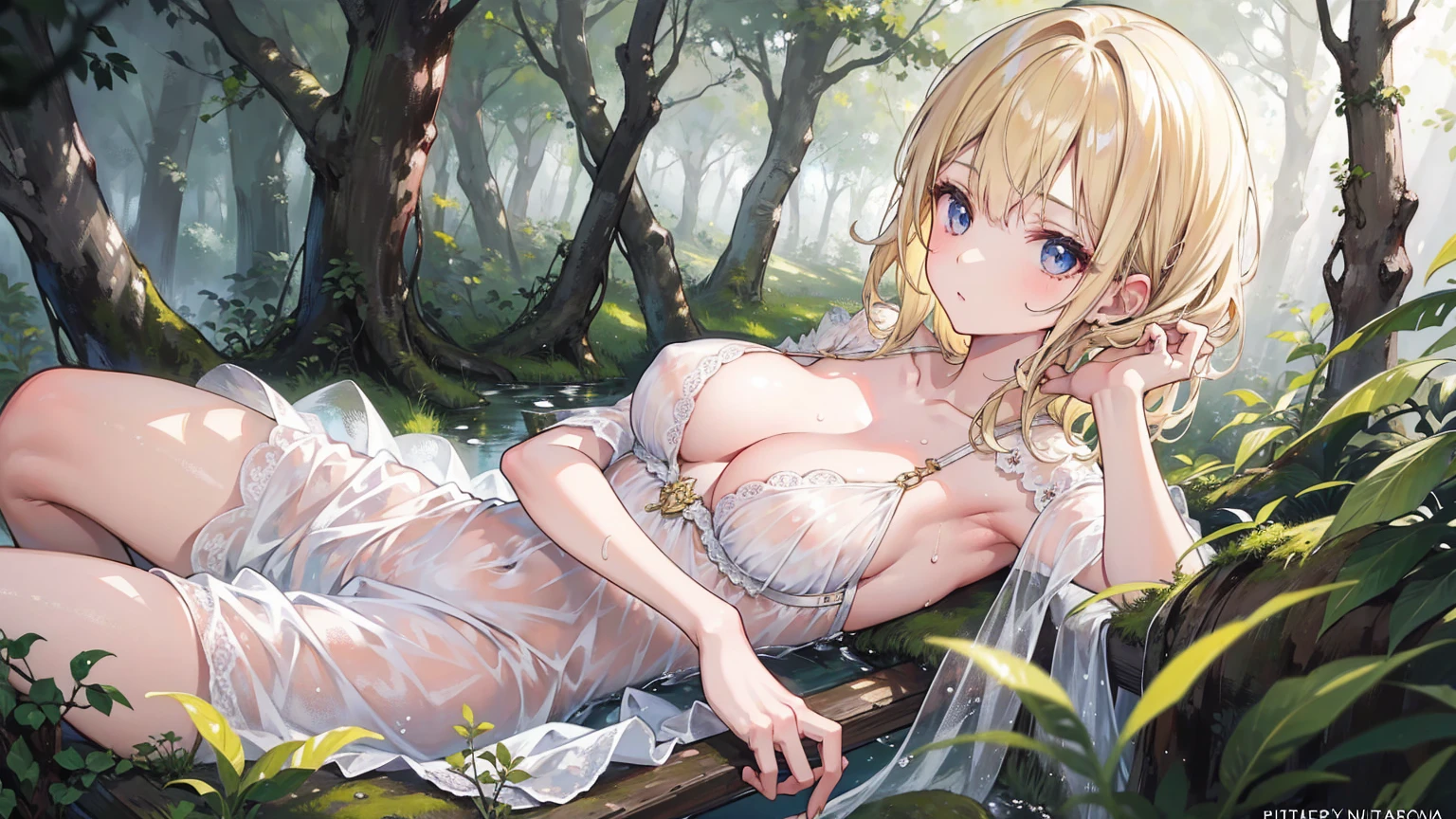 (masterpiece), (best quality), (detailed), Light Layer, 1 Solo Girl, Young girl in the forest, Sexy Sheer Colonial Dress, Perfect body, Blonde Hair, Clear , Well-defined collarbone, surreal, lifelike, detailed, Perky transparent nipples, Wet clothes,