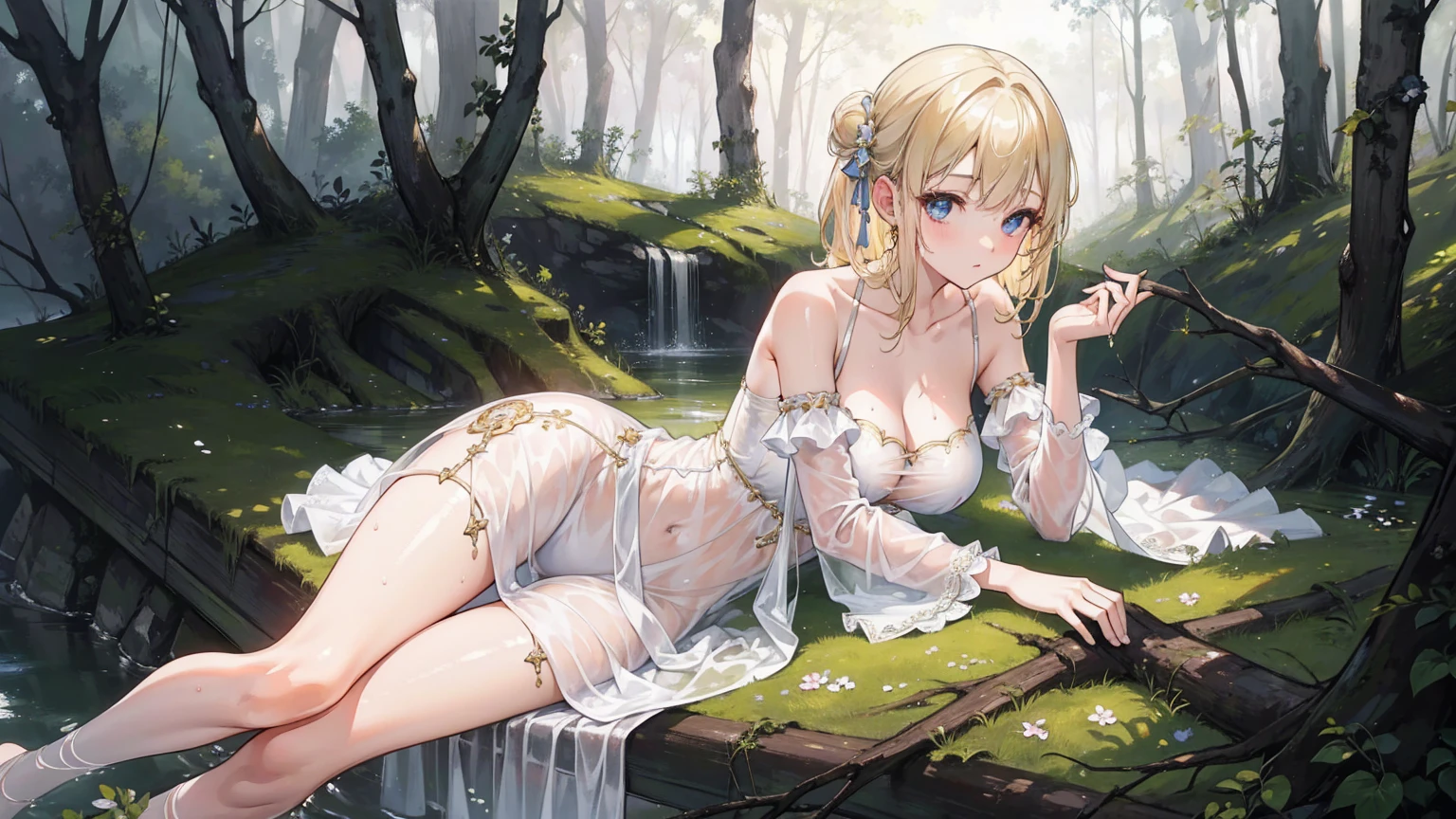 (masterpiece), (best quality), (detailed), Light Layer, 1 Solo Girl, Young girl in the forest, Sexy Sheer Colonial Dress, Perfect body, Blonde Hair, Clear , Well-defined collarbone, surreal, lifelike, detailed, Perky transparent nipples, Wet clothes,