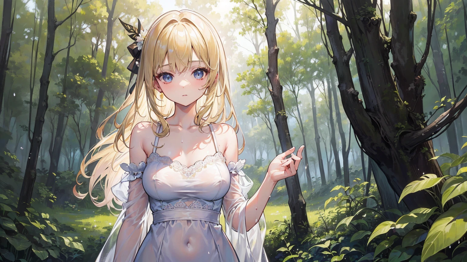 (masterpiece), (best quality), (detailed), Light Layer, 1 Solo Girl, Young girl in the forest, Sexy Sheer Colonial Dress, Perfect body, Blonde Hair, Clear , Well-defined collarbone, surreal, lifelike, detailed, Perky transparent nipples, Wet clothes,