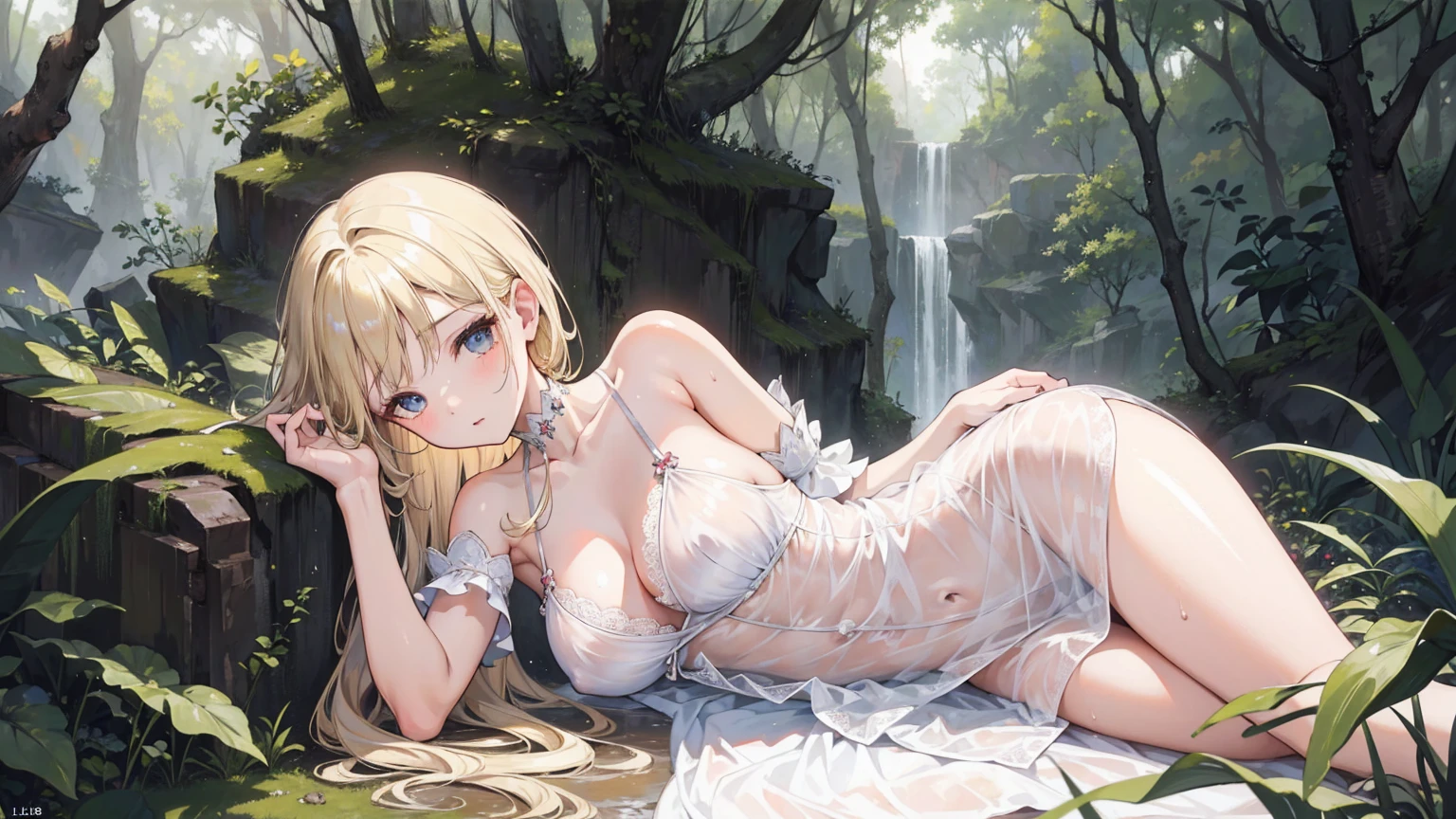 (masterpiece), (best quality), (detailed), Light Layer, 1 Solo Girl, Young girl in the forest, Sexy Sheer Colonial Dress, Perfect body, Blonde Hair, Clear , Well-defined collarbone, surreal, lifelike, detailed, Perky transparent nipples, Wet clothes,