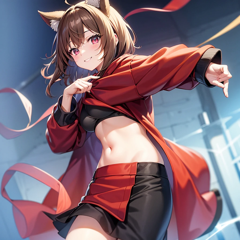 1People Girls、Big breasts hidden under clothes、Light brown short hair with outward curlischievous Smile、Red Eyes、Animal Ears、black and red hoodie、Black Skirt、Free Pose、Under the sunset sky