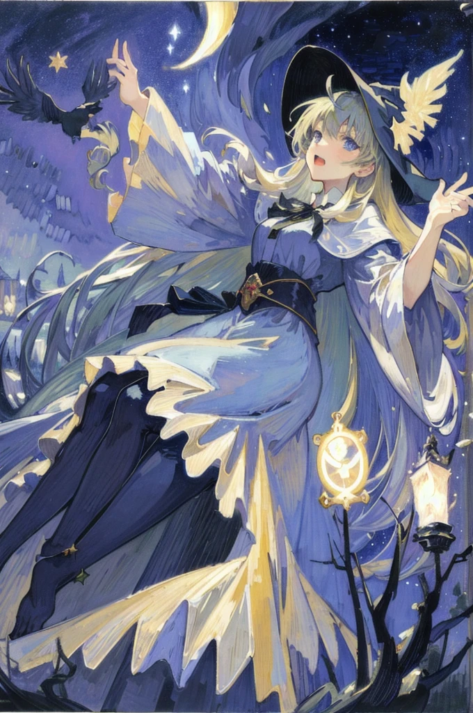 ((masterpiece:1.2, best quality)), 1girl, solo, (witch hat), blonde hair, long hair, dress, aurora, night, star (sky), gloves, sky, white dress, night sky, open mouth, starry sky, blue eyes, ribbon, very long hair, red dress, smile, hair ribbon, cape, blue hair, (bird), magic, casting spell, dark clouds, night, (impressionism:1.4), (tarot:1.3), alphonse mucha,