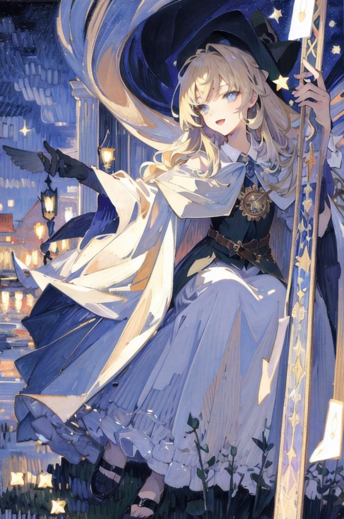 ((masterpiece:1.2, best quality)), 1girl, solo, (witch hat), blonde hair, long hair, dress, aurora, night, star (sky), gloves, sky, white dress, night sky, open mouth, starry sky, blue eyes, ribbon, very long hair, red dress, smile, hair ribbon, cape, blue hair, (bird), magic, casting spell, dark clouds, night, (impressionism:1.4), (tarot:1.3), alphonse mucha,