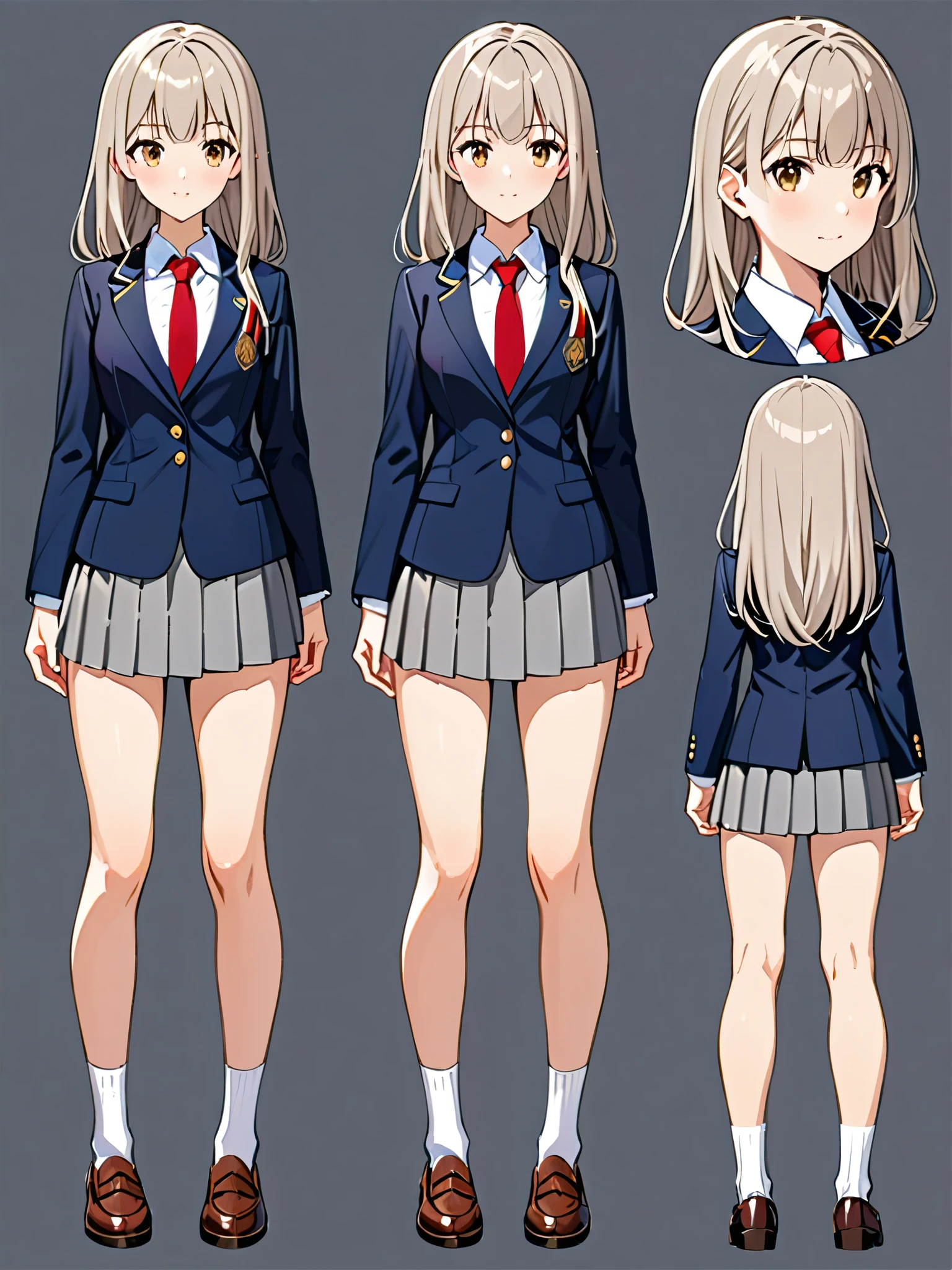 1girl, tall body, high school student, suit, dark blue suit jacket, white shirt, (red ribbon necktie), grey pleated skirt, miniskirt, bare legs, white socks, brown shoes, light grey hair, hazel eyes, medium hair, long hair, bangs, beautiful detailed eyes, beautiful detailed face, cute face, medium breasts, perfect hands, complete fingers, perfect anatomy, perfect proportions, age 18, solo, solo focus, standing, Simple background, Multiple Views, Character Sheet Full-Length.