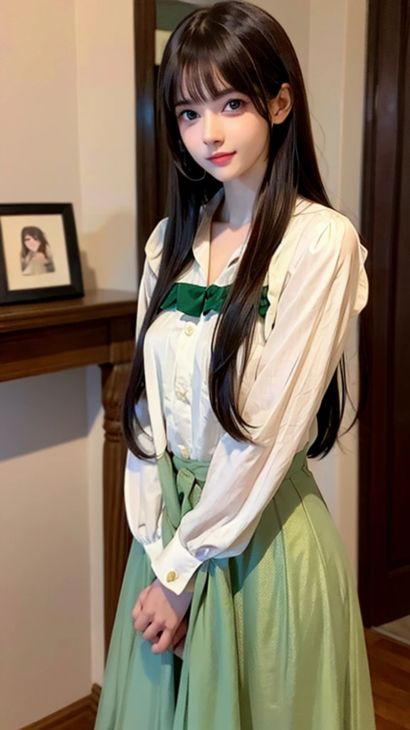 Girl with long brown hair and green eyes