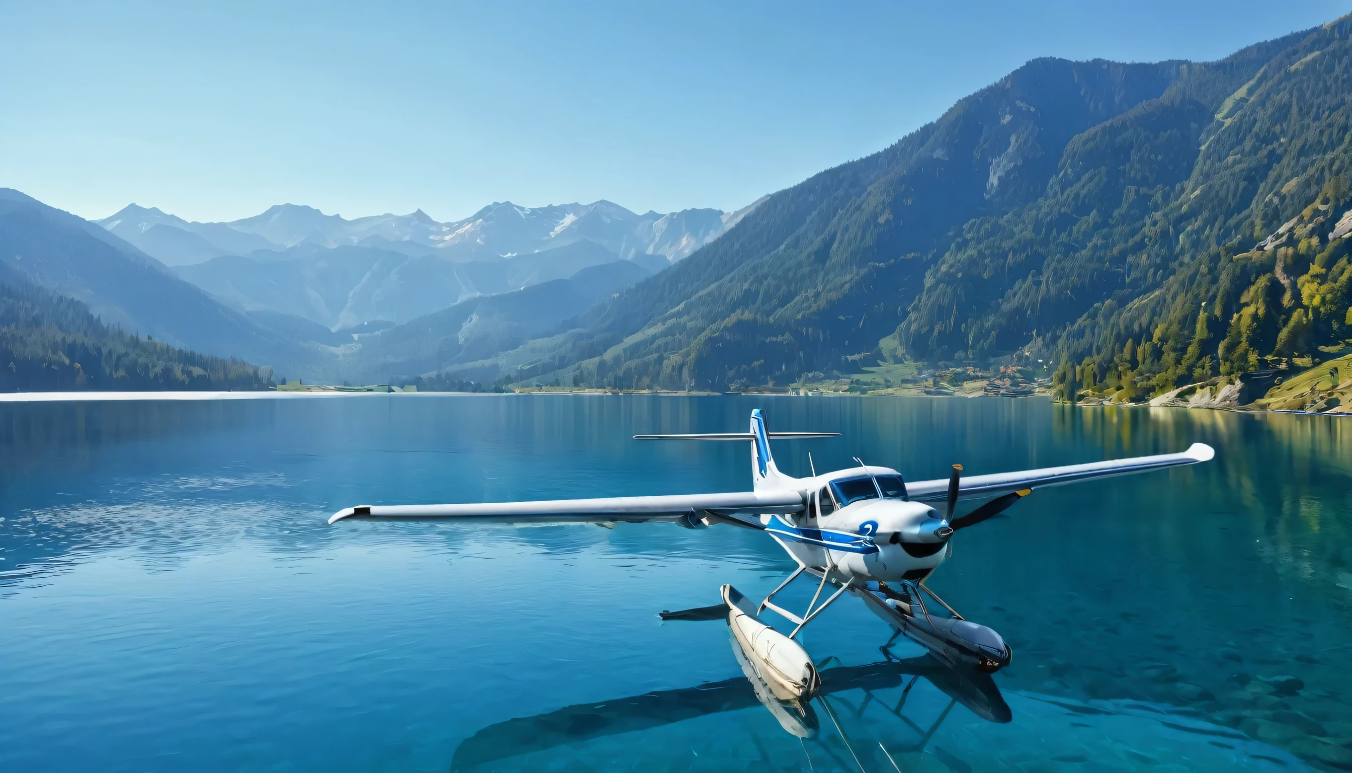 Photo a blue round transparent clear lake against the background of mountains with a propeller plane flying by in sunny weather 8 k