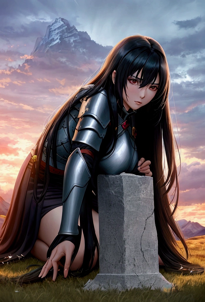 Create a realistic anime style woman character, she is strong and beautiful, long black hair, wears short armor and is damaged by battles. A woman is praying on her knees in the twilight next to a tree on a mountain. In the background she creates mountains, forests, heavy clouds leaving an opening for sunlight, add some birds to compose the sky.