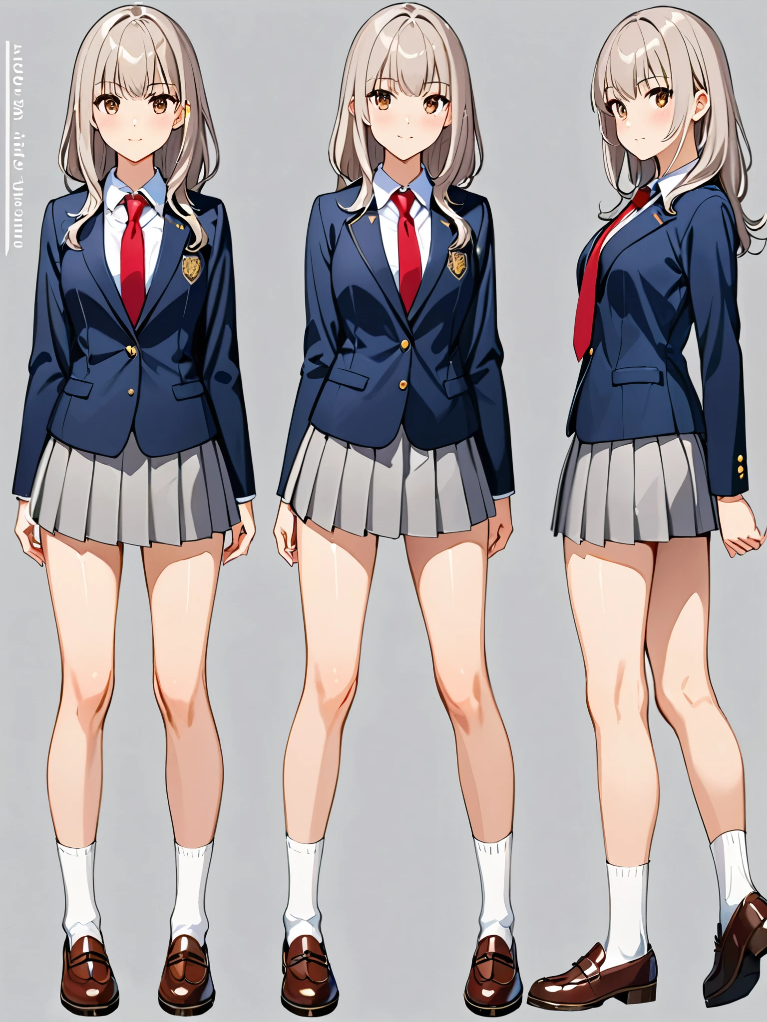 1girl, tall body, high school student, suit, dark blue suit jacket, white shirt, (red ribbon necktie), grey pleated skirt, miniskirt, bare legs, white socks, brown shoes, light grey hair, hazel eyes, medium hair, long hair, bangs, beautiful detailed eyes, beautiful detailed face, cute face, medium breasts, perfect hands, complete fingers, perfect anatomy, perfect proportions, age 18, solo, solo focus, standing, Simple background, Multiple Views, Character Sheet Full-Length.