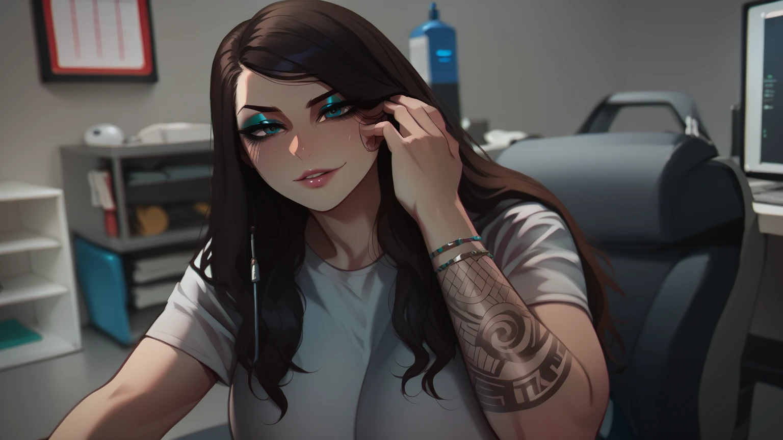 score_9, score_8_up, score_7_up, score_6_up, score_5_up, score_4_up, BREAK 1girl, intricate, white t-shirt (eyeliner:1.2), looking at viewer, detailed background,huge breasts (masterpiece, high quality:1),